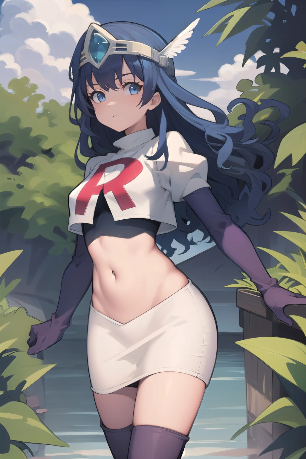 best quality, (masterpiece:1.2), illustration, absurdres,
(1girl, solo),  (beautiful detailed girl), 
blue hair, long hair, wavy hair, blue eyes, medium breasts,
winged visor, wing ornament, team rocket,team rocket uniform,white skirt,red letter R,crop top,black thigh-highs,black elbow gloves, looking at viewer,
magical forest, flowers, sky, clouds