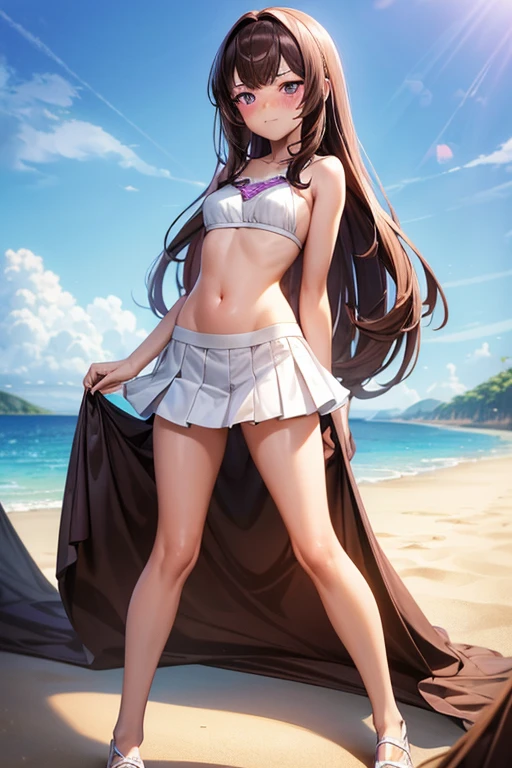 ((best quality)), ((masterpiece)), (detailed), a girl, full body, 19 years old, embarrassed face, young adult, somewhat short stature, purple eyes, brown hair, slightly wavy hair, long hair, bangs, blush, very small breasts, sexy white bikini with skirt, seductive legs, beach background, looking at me, anime