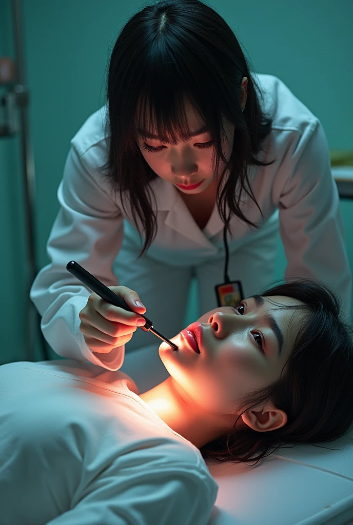 masterpiece, highest quality, (solo focus), (perfect face:1.1), (high detail:1.1), (hyper detailed eyes),Male patient is on all fours、Bright torture chamber、High School Uniform、1XGALX Mistress 、performing colonoscope insertion、(Sadistic schoolgirl inserts colonoscope into patient's anus:2)、1XG Member Mistress with Colonoscopy、A crazy smile、Look at viewers、He enjoys inserting a colonoscope into his patient's anus.