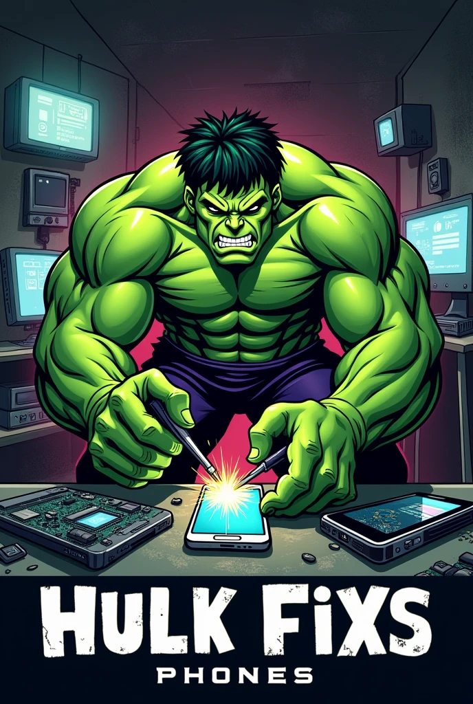 Create a logo where Hulk fixes cell phones 