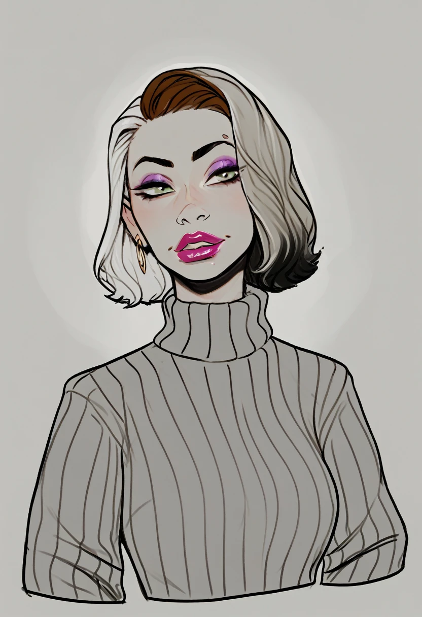score_9, score_7_up, BREAK, 1girl, solo, gwentd, two-tone hair, lipstick, portrait, sweater,