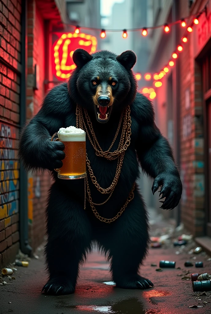 Bad dark punk anarchist bear with chains fangs bleeding drinking beer 