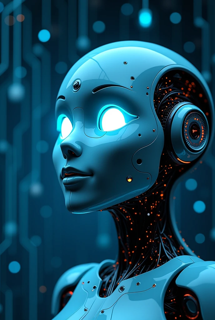 Create a futuristic profile picture for a social media profile called 'AI Perspective'. The image must feature a stylized, modern representation of a friendly artificial intelligence, with technological and digital elements. Include a robot head or AI display with a background that suggests a technological environment, as circuits or graphs. The color palette should be composed of shades of blue, gray and white to convey innovation and technology. O design deve ser limpo, catchy and easily recognizable in small sizes.