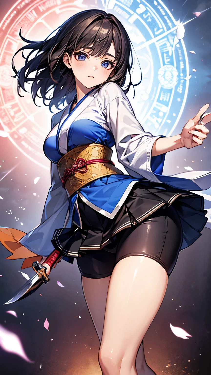 (Very delicate and beautiful:1.2)super model,,Beautiful breasts,voluptuous,【bike shorts】,,【3girls】,,Highest quality, High resolution, 8k,mini skirt,Japanese style,knife,Blue Flame.magic circle.