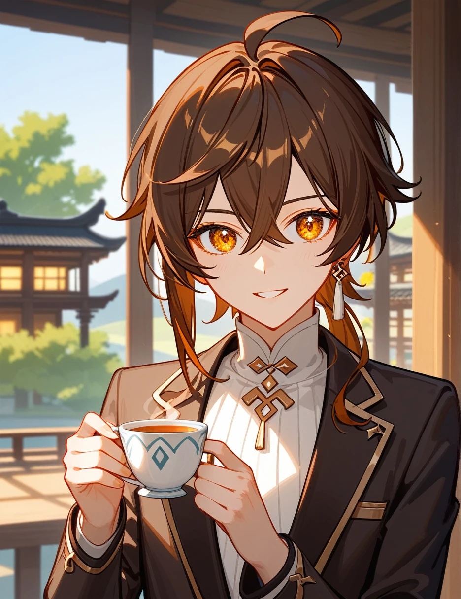 (masterpiece:1.2), best quality, Anime style portrait, Zhongli from Genshin Impact, front view, clear facial details, half-body shot. Long dark brown hair tied in low ponytail, sharp amber eyes with intelligent gaze. Strikingly handsome facial features. Black and brown suit with intricate gold geo-themed accents, high collar. Elegant posture. Holding ornate tea cup in other hand. Serene expression with slight smile and a little red on his cheek. Background: ancient Liyue architecture, misty mountains. Highly saturated colors, rich amber and earth tones. Delicate brushstrokes, staggered light and shadow, clear lines.