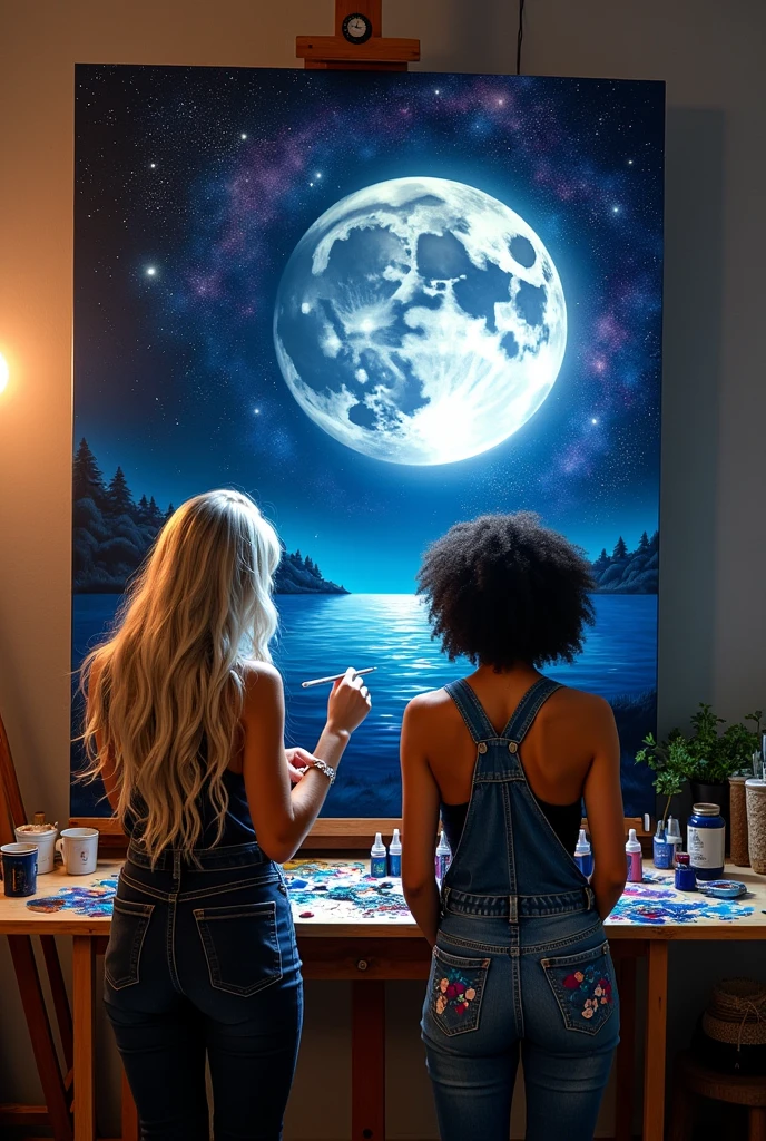two women painting dark space moon