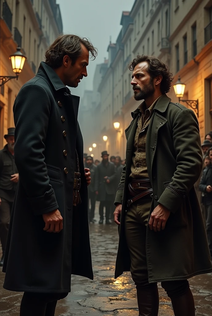 An inspector is yelling something at Jean Valjean while he is trying to act peaceful.. The characters are from the book Les Misérables