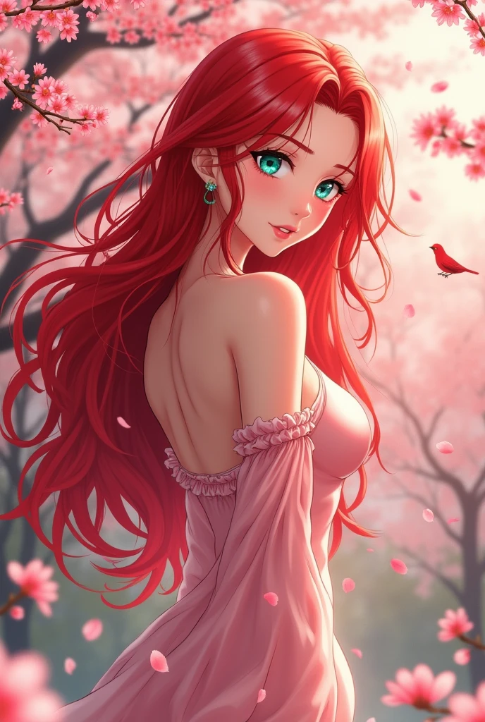 An anime woman with red hair completely naked from the front without clothes, very beautiful
