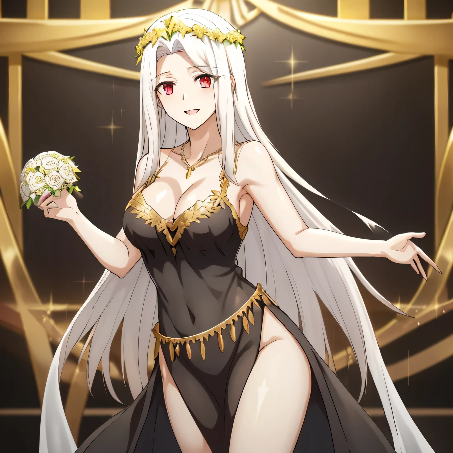 Irisviel,black with gold dress sleeveless of wedding,solo,beautiful laughs,arm at side,middle size of breast,beautiful necklace,matching remix,revealing dress,in beautiful garden,happy smile,,golden wreath,Shining breasts,beautiful breasts,breasts out from dress,almost naked,take off her dress,half naked