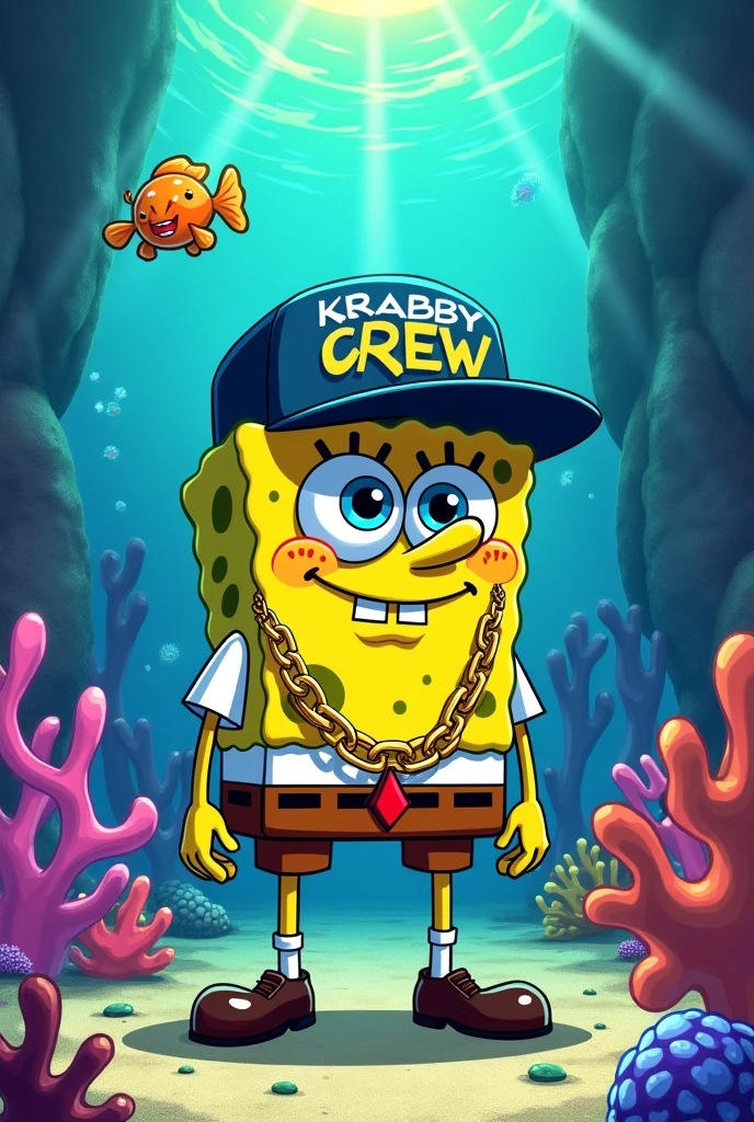 Spongebob gangster rap with chains around his neck .. une casquette