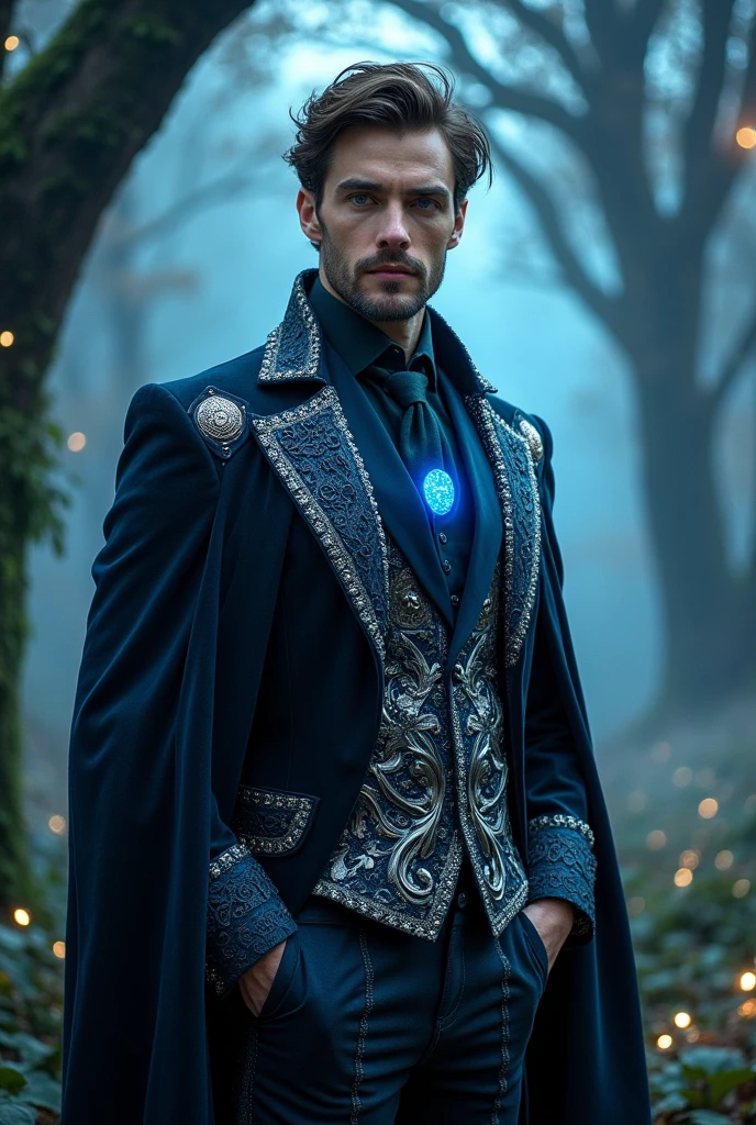 wizard man, handsome adult, tall blue eyes realistic, elegant magician suit