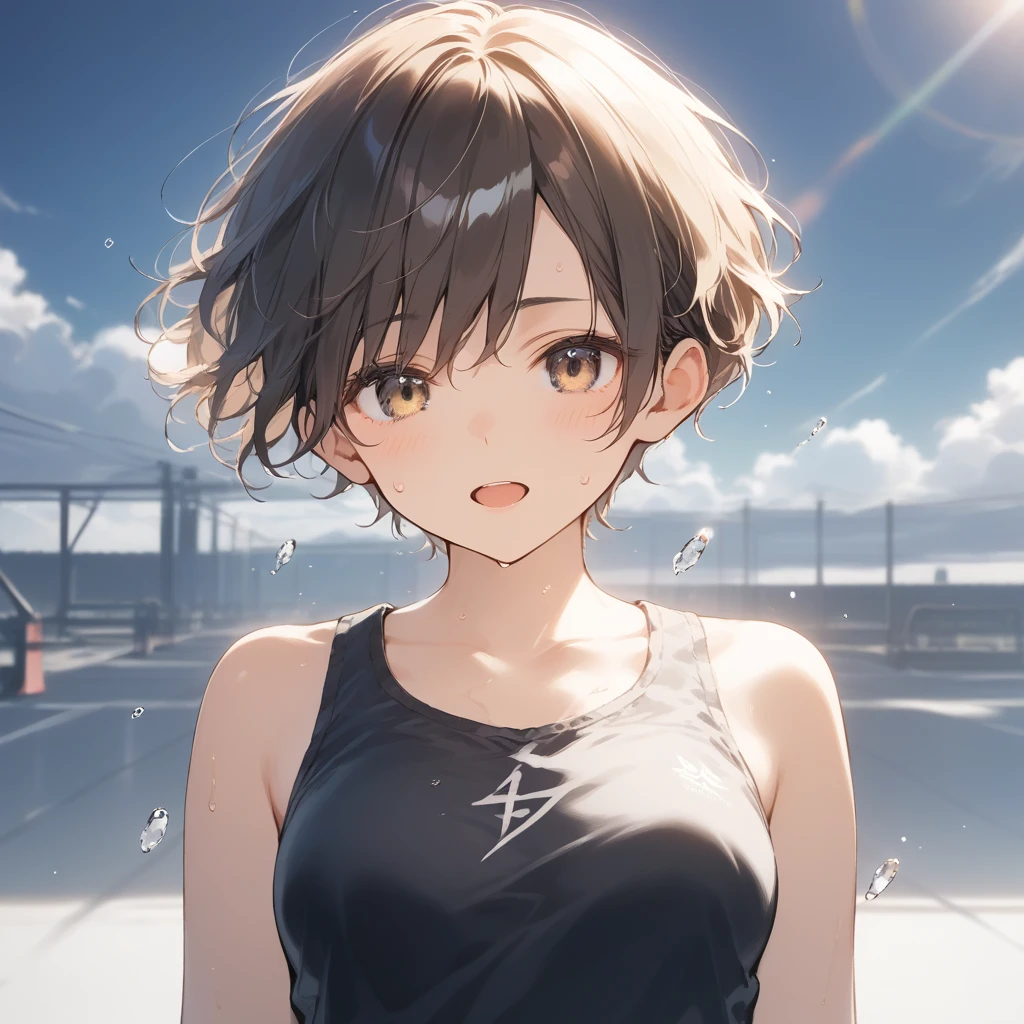 score_9, score_8_up, score_7_up, source_anime, best quality, masterpiece, official art, absurdres, highres, ultra-detailed,waifu2x,Collection: Slice of Life,break,1girl, short hair, pixie cut, curly hair, medium breasts, beautiful detailed eyes, sweat, gym shorts, (wavy mouth:0.3), open mouth, outdoors, wind, break,(clear line illustration:1.2), super detailed skin,very high resolution, very aesthetic, Best sexual lighting powered by famous artist, 8k, 16k, cute picture,beauty illustration,photoshop_(medium),,(Detailed Lighting),best anime 8k konachan wallpaper, pixiv contest winner,