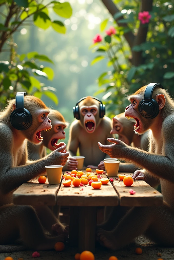 Several VERY angry monkeys arguing at a table wearing headphones