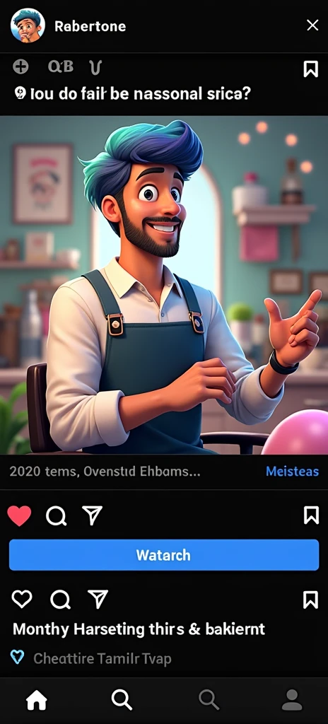 A Dream Barber Inspired by Pixar Animation, up close. The character is the center of attention with captivating facial expressions, offering a touch of unreality, Short Chubby Gradient Hair