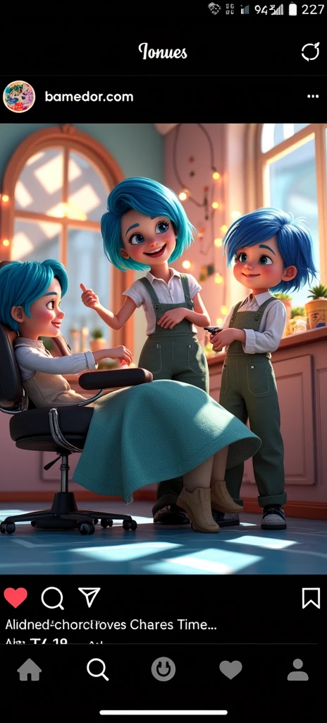 A Dream Barber Inspired by Pixar Animation, up close. The character is the center of attention with captivating facial expressions, offering a touch of unreality, Short Chubby Gradient Hair