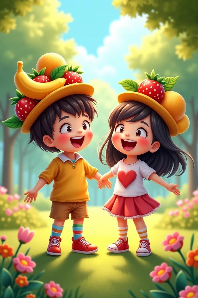 An illustration of two friends laughing together while one is doing something quirky, like wearing mismatched socks and a hat made of fruit.