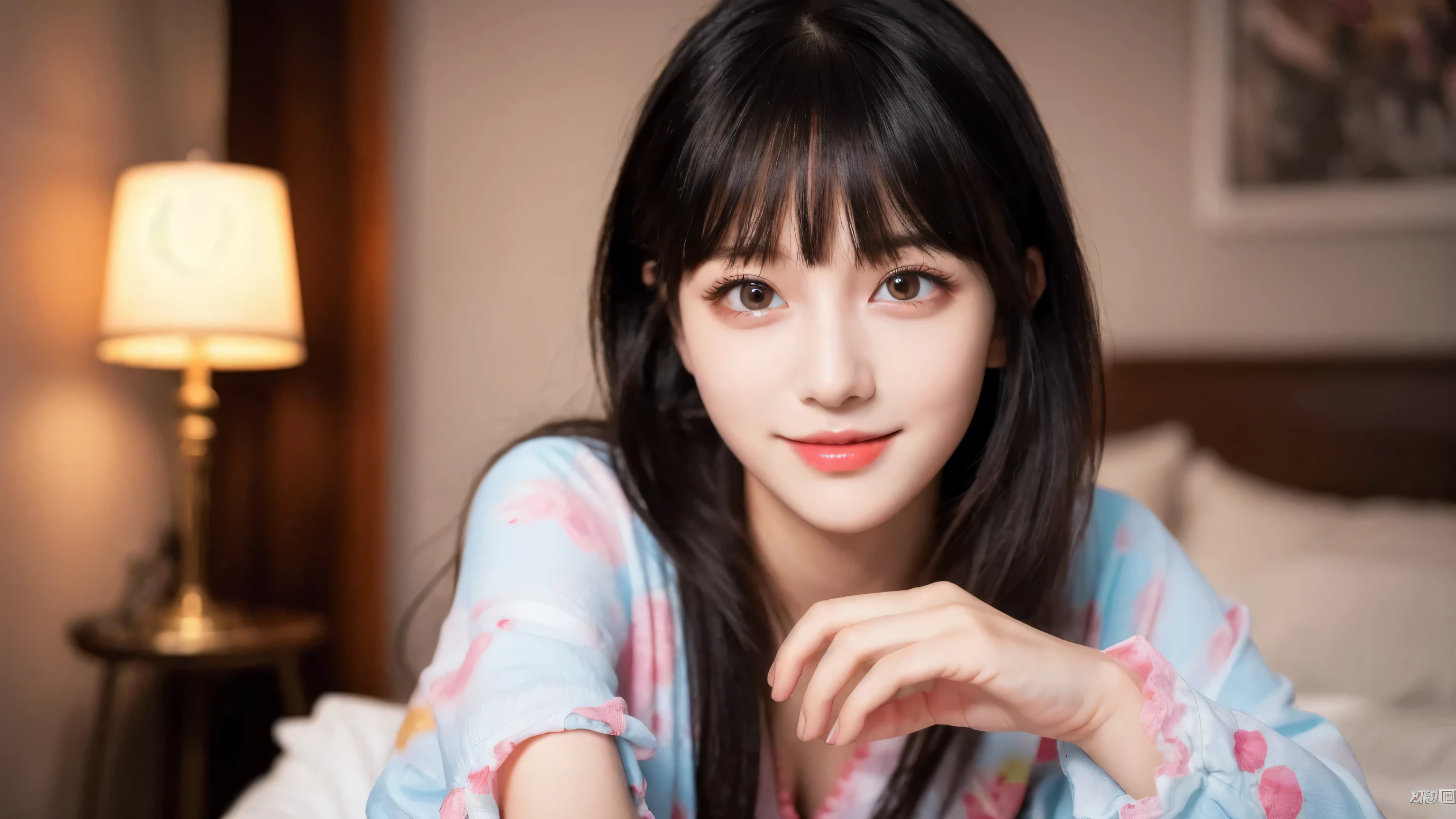 (8k, RAW Photo, Best Quality, Masterpiece:1.2), table top, Ultra Detail, Super Resolution, (Realistic, Realistic Photo:1.37), Portrait, High Detail RAW Color Photo, Professional Photo, Extremely Detailed and Beautiful, Extremely detailed, 8k wallpaper, amazing and detailed, huge file size, official art, highly detailed CG unity 8k wallpaper, highly detailed beautiful girl, highly detailed face, highly detailed eyes, highly detailed skin, highly detailed fingers, highly detailed nose, very detailed detailed mouth , perfect anatomy, highly detailed background, highly detailed clothes, 1girl, 17 year old girl, cute girl, realistic body, fair skin, glowing skin , slim body, handsome body, black hair , semilong hair, (blunt bangs:1.2), smile, cute, youthful, cute face, realistic face, delicate eyes, drooping eyes, looking at viewer, facing front, standing posture, Contraposto, dynamic lighting, ((face closeup)), (medium chest), (Perfect Body Proportions), (slender Body Proportions), (bedroom), super sexy pose, ((colorful lingerie)),