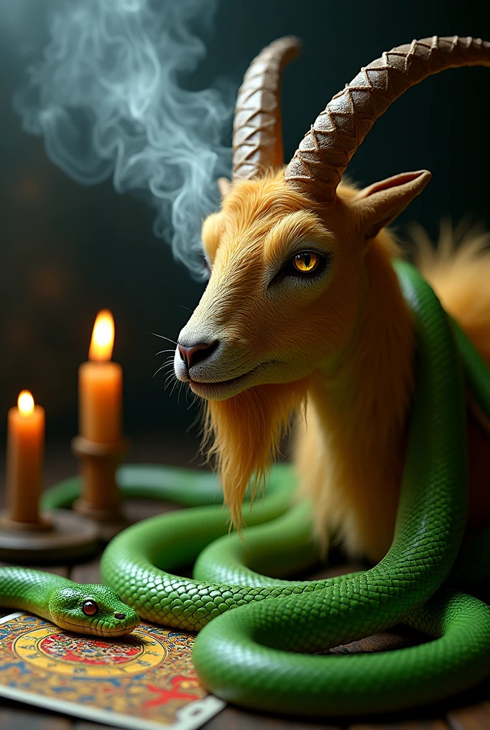 Goat Devil , tarot, smoking, Golden, candlelight! Silver! Card tarot! (Voodoo) Firme eyes! 8k, realist, 3 snakes green!