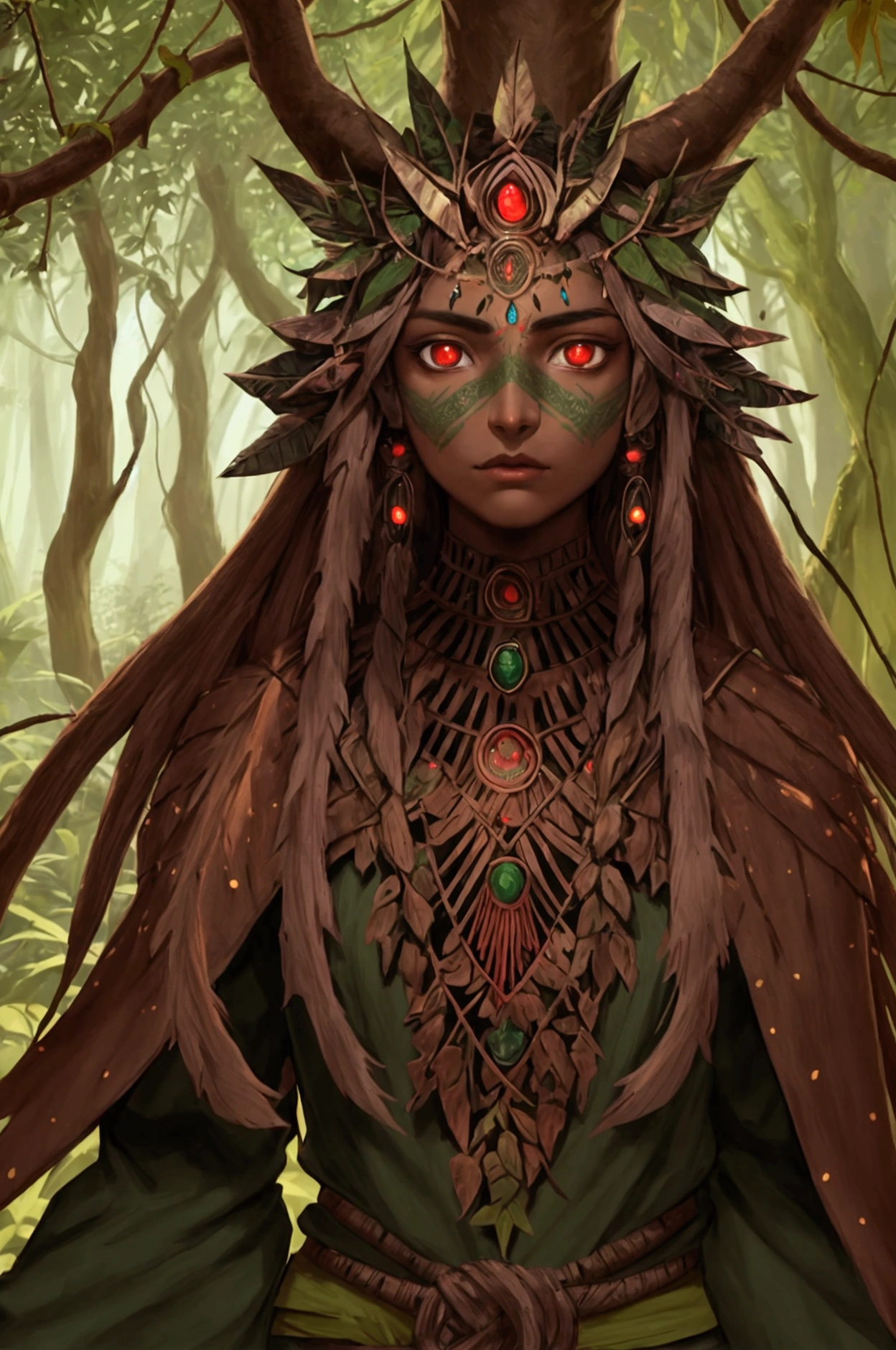 aztec warrior, humanoid plant, ethereal, glowing eyes, skin made of tree bark, hair made of vines, human-shaped plant, in a forest at night, clothes made of leaves, stone sculpture, marble

