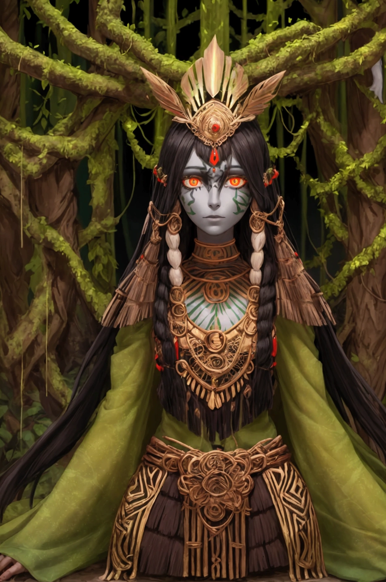 aztec warrior, humanoid plant, ethereal, glowing eyes, skin made of tree bark, hair made of vines, human-shaped plant, in a forest at night, clothes made of leaves, stone sculpture, marble