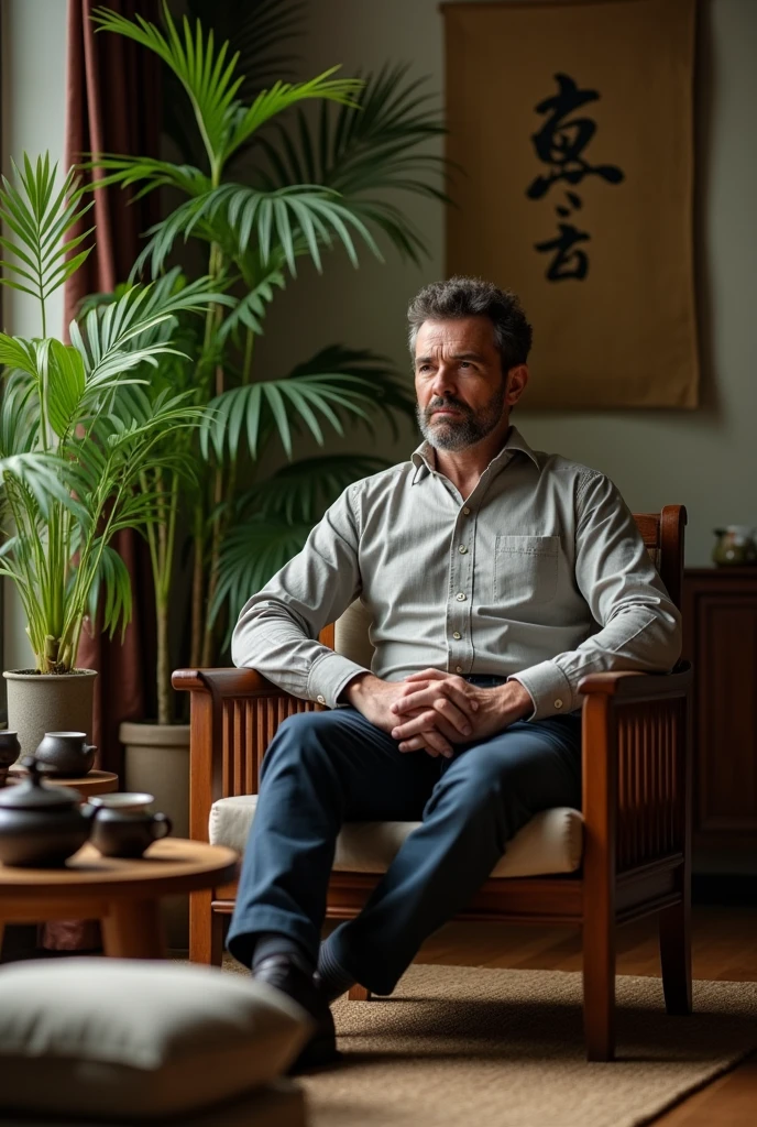 The man is sitting on a chair in the room, behind him is a charming feng shui tea table space