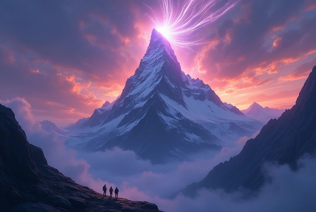 "Illustrate a mystical, invisible force residing on the mountain. Show an aura or ethereal energy around the peak, suggesting a supernatural presence that wards off climbers."