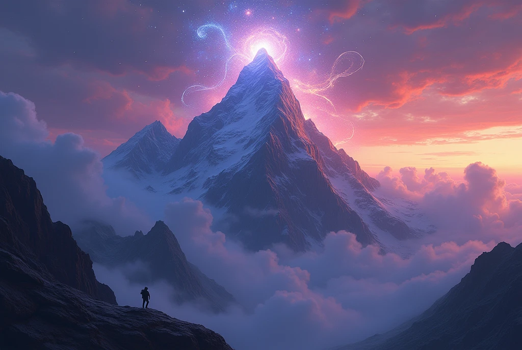 "Illustrate a mystical, invisible force residing on the mountain. Show an aura or ethereal energy around the peak, suggesting a supernatural presence that wards off climbers."