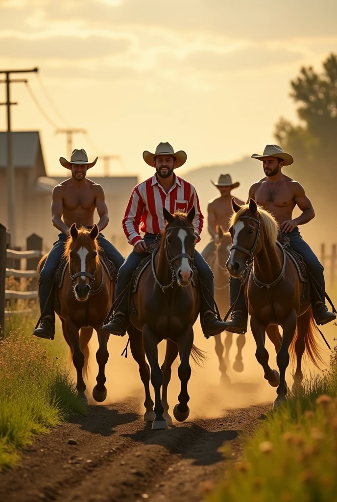 5 cowboy men working on a horse farm some shirtless and one wearing striped shirt
