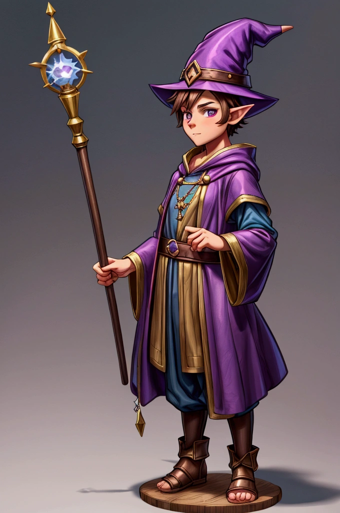 Young Gnome, Male Gnome, Young Sorcerer, Alchemist Sorcerer, alchemist, Brown hair, short hair, sideburns, short stature, pointed hat, Purple Hat, Wizard's Robe, Medieval Tunic, Magic Staff, in a dungeon, alchemy lab dungeon, anime, fancy, 4k, super detail