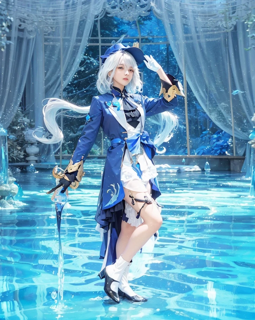 ((Furina_Genshin Impact)),((realistic, photorealistic)),(highlight hair)), Light reflection, (( HD )),((upper body)), (((best quality, masterpiece))), (masterpiece) (best quality) (detail) (8k) (HDR) (wallpaper) (cinematic lighting) (sharp focuasterpiece, best quality: 1.1), Real life adaption of this character,(standing), glow effect , be on the clear blue water, luxury white fabric curtains,water splash, water reflection, water flowing over, clear blue water, real water effect, floating water bubbles, indoor place, long hair, blue hat furina, furina, white glove on left hand, white glove on right hand, white gloves, white gloves,