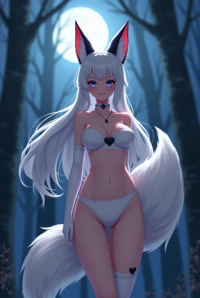 [One Fox Girl, Hot, Sexy Body, Blue and Red eyes, Human Skin, White short heart Underwear, Romantic, Smile, eyes slightly closed, White Hair, Big Wings, Two Black Horns, Long Hair, Big Fox Ears, Two black and White Big Fox Tails, Skinny, Perfect Boobs, Big Boobs, Adult, Tall, Happy, Big White Furr Collar, Abs, Legs apart, In Forest, Night, Standing, Silly, Blush, White Long Gloves Paws, White Long Socks Paws, no feet visible]
