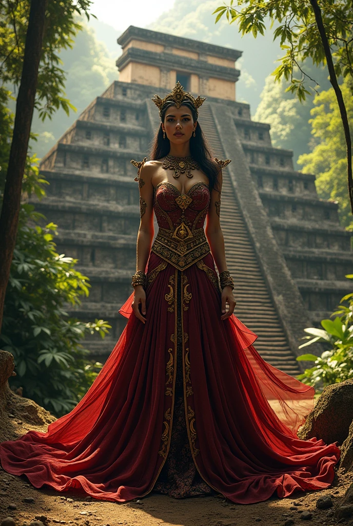 Make a costume or impersonation of the Temple of the Great Jaguar, este templo tiene un basamento Pyramidal de 9 plataformas rojas, Pyramidal, with nine staggered levels which may be symbolic of the nine levels of the underworld. And a staircase in the center that runs from the base to the top..
The wooden lintels stand out in the exterior decoration.. The sanctuary has a high crest decorated with a sculpture of the seated king., Jasaw Chan K'awiil. MAKE A PERSONIFICATION OF THIS WOMAN