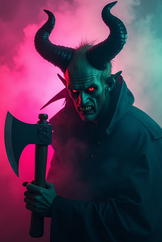 Creepy Man with devil's cursed horns with red eyes and creepy axe in hand looking so scary with devils smile
With pink, violate and green neon background