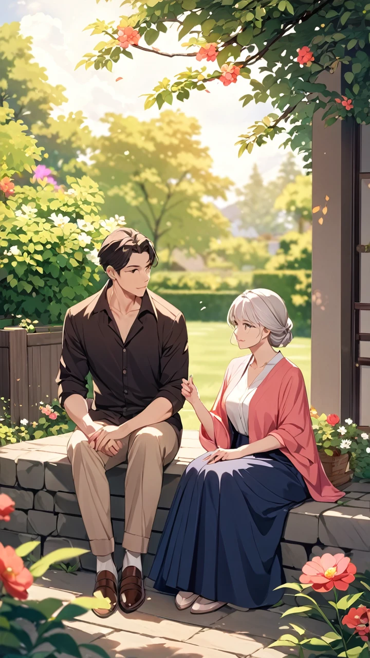 there was a mature woman sitting in the yard with a man
