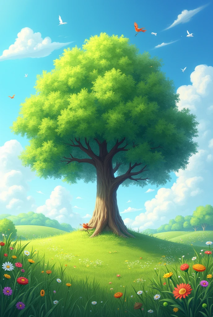 Clean environment landscape with tree, flores, birds and clouds
