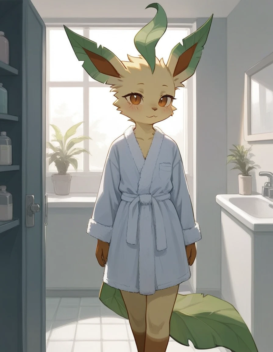 alone, score_9,score_8_up,score_7_up, anthro female leafeon, wearing bathrobe, bathroom, standing.