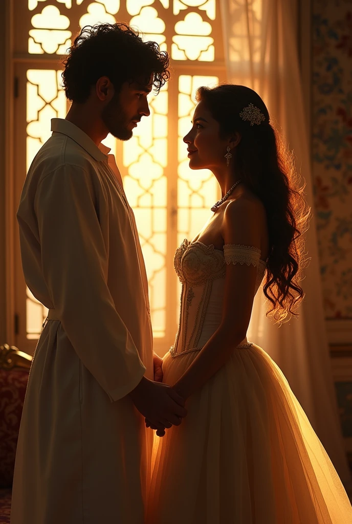 Create a scene blending realism with a fairy tale that depicts a young adult doctor with messy black hair and Arab descent, appearing strong. He is with a young woman with voluminous, subtly wavy brown hair and brown eyes with Eastern features. She is wearing a corset and has a rounded silhouette. They are standing hand in hand, gazing at each other with tenderness, with an atmosphere of complicity and forbidden romance between them. The last rays of the sun through the window create a warm and magical ambiance, intensifying their connection.

