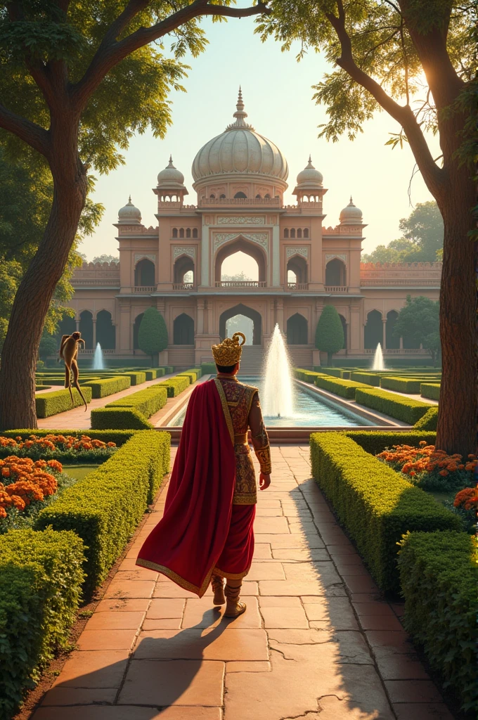 The King’s Palace: A grand palace with intricate Indian architecture, surrounded by lush green gardens. The king, wearing traditional royal attire with a crown, is walking through the garden, accompanied by a playful monkey.