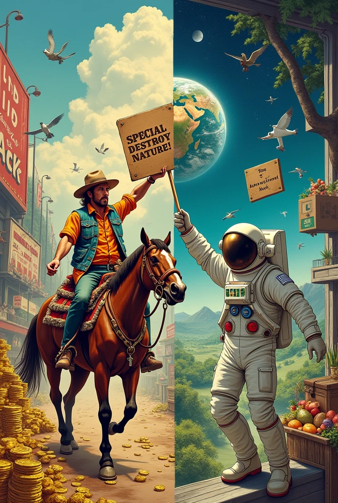Make me a comparative drawing where I can see an illustrated economy of abundance, where resources seem infinite. Expansion and consumption are priorities, without much concern for sustainability a man riding a horse, with a big sign of "Special Offer: Destroy Nature". Consume as much as you can! Unlimited, without consequences."  , and compare it with An Economy of Scarcity, where resources are limited and must be managed carefully. Sustainability and recycling are key, and An astronaut recycling in a spaceship, with the Earth as a background and saying The Astronaut Economy: Take care of your home! Resources are limited."
