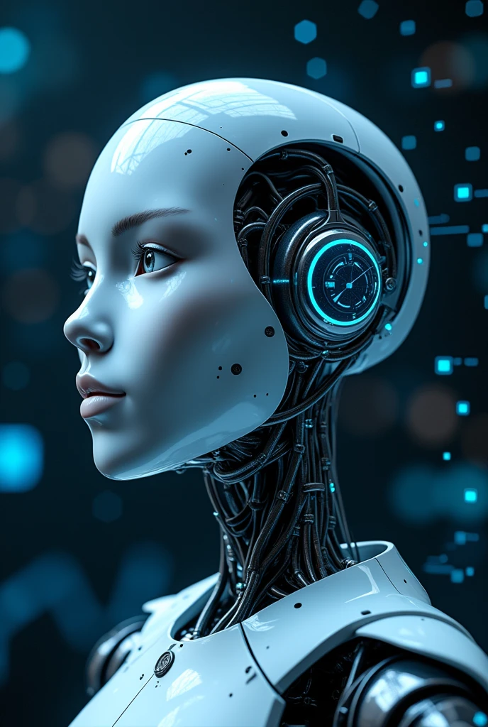 Create a futuristic profile picture for a social media profile called 'AI Perspective'. The image must feature a stylized, modern representation of a friendly artificial intelligence, with technological and digital elements. Include a robot head or AI display with a background that suggests a technological environment, as circuits or graphs. The color palette should be composed of shades of blue, gray and white to convey innovation and technology. O design deve ser limpo, catchy and easily recognizable in small sizes.
