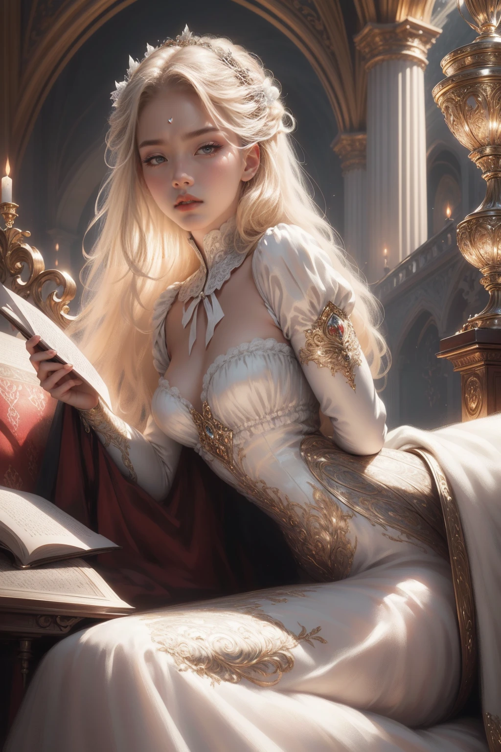(Masterpiece - Ultra-detailed, very high resolution) Prepare to be enchanted by a true masterpiece that combines ultra-detailed art with high-resolution rendering. This work depicts a mesmerizing woman with very long blond hair (1.3) and captivating gray eyes (1.2), emanating an aura of elegance and mystery in Victorian settings. The intricate details and realistic textures invite you to explore every aspect of this enchanting composition. Woman wearing beautiful classic Victorian costume from the year 1878. Red lips. Happy face. Smiling. white (white) dress. Walking, sitting, laying down, writing, reading, backwads, looking back, upper body, dynamic poses. Get ready to dive into a world where beauty and craftsmanship merge perfectly.