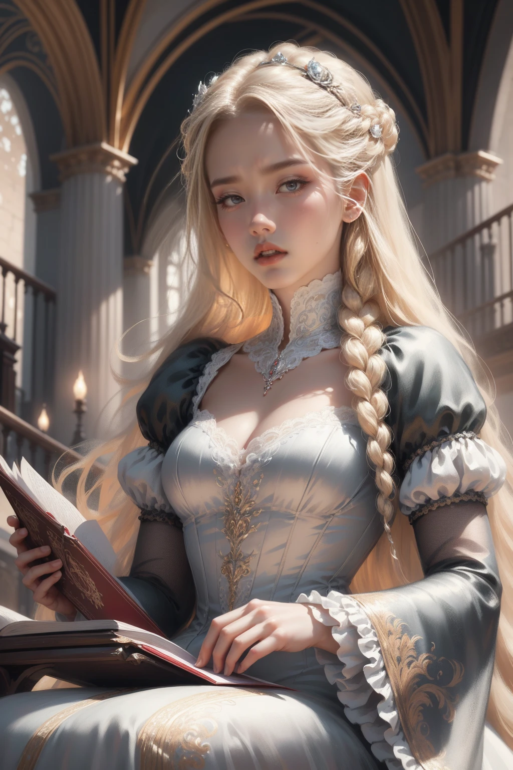 (Masterpiece - Ultra-detailed, very high resolution) Prepare to be enchanted by a true masterpiece that combines ultra-detailed art with high-resolution rendering. This work depicts a mesmerizing woman with very long blond hair (1.3) and captivating gray eyes (1.2), emanating an aura of elegance and mystery in Victorian settings. The intricate details and realistic textures invite you to explore every aspect of this enchanting composition. Woman wearing beautiful classic Victorian costume from the year 1878. Red lips. Happy face. Smiling. white (white) dress. Walking, sitting, laying down, writing, reading, backwads, looking back, upper body, dynamic poses. Get ready to dive into a world where beauty and craftsmanship merge perfectly.
