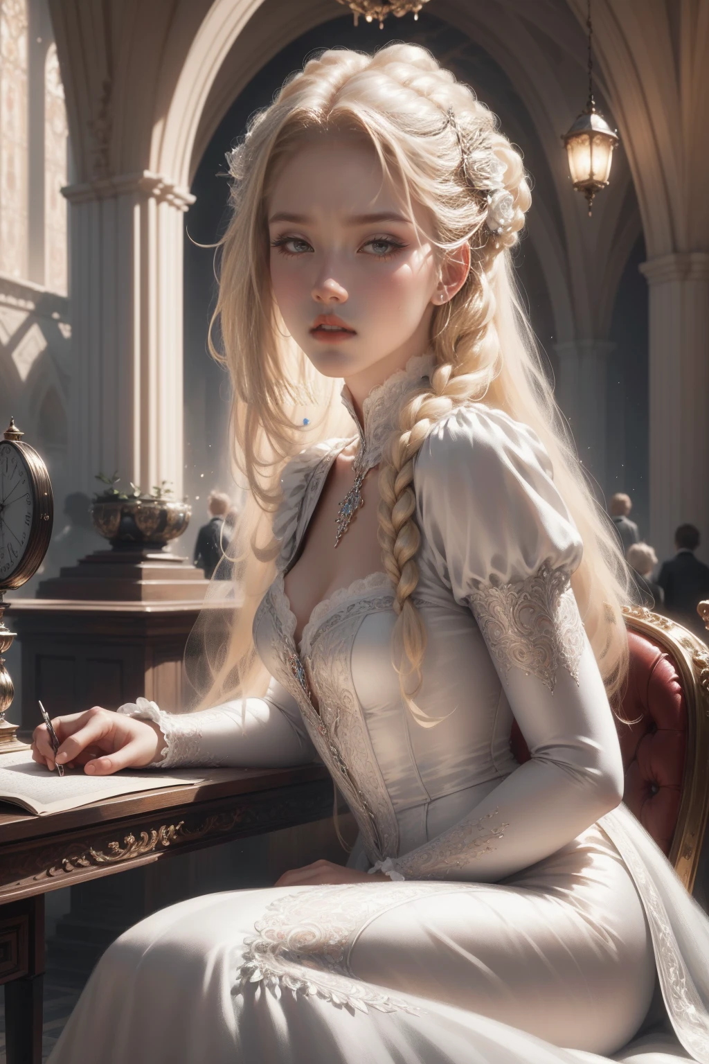 (Masterpiece - Ultra-detailed, very high resolution) Prepare to be enchanted by a true masterpiece that combines ultra-detailed art with high-resolution rendering. This work depicts a mesmerizing woman with very long blond hair (1.3) and captivating gray eyes (1.2), emanating an aura of elegance and mystery in Victorian settings. The intricate details and realistic textures invite you to explore every aspect of this enchanting composition. Woman wearing beautiful classic Victorian costume from the year 1878. Red lips. Happy face. Smiling. white (white) dress. Walking, sitting, laying down, writing, reading, backwads, looking back, upper body, dynamic poses. Get ready to dive into a world where beauty and craftsmanship merge perfectly.