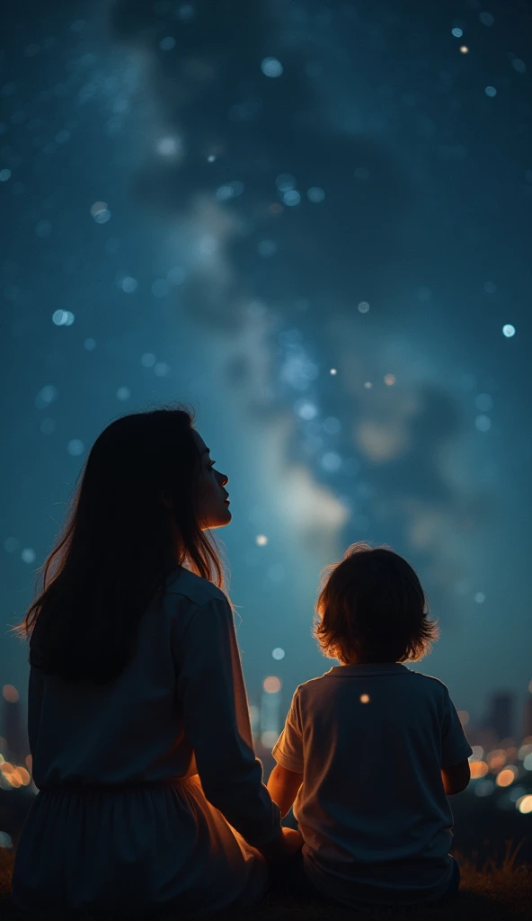 Professional photography, A city burned down in war and lost all its light. a mother and child look up at the midsummer night sky. The light of the starry sky gently illuminates the faces of the mother and child who lost everything in the war. The starry sky is the main subject of the composition, and the faces of the mother and child looking up at the sky are photographed from below and placed in the foreground. The effect of light particles surrounding the mother and child is added to express their feelings. hyper Realistic, Professional photography, Cinema Lighting