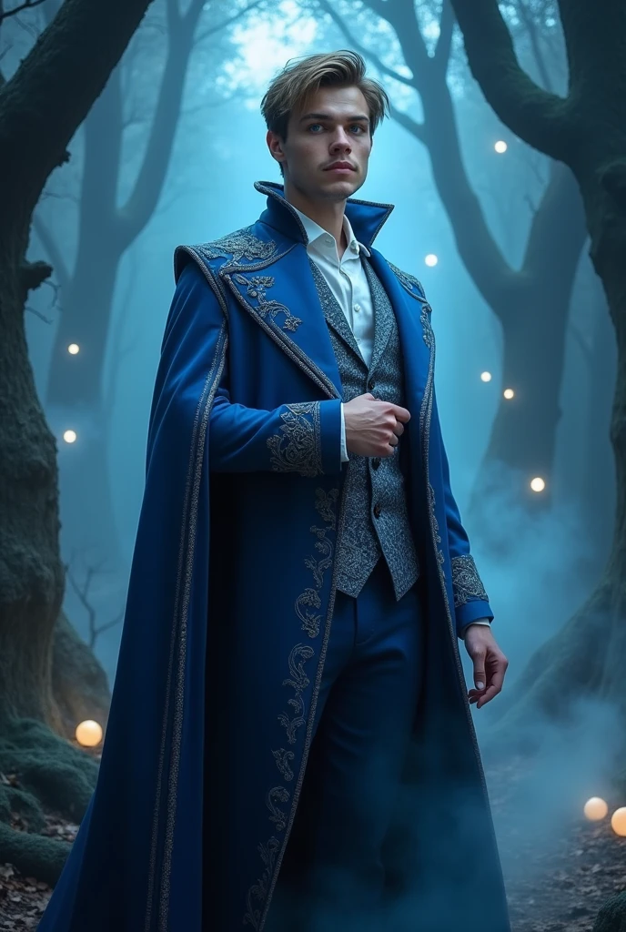 wizard man, handsome adult, tall young man blue eyes Realistic, elegant magician suit