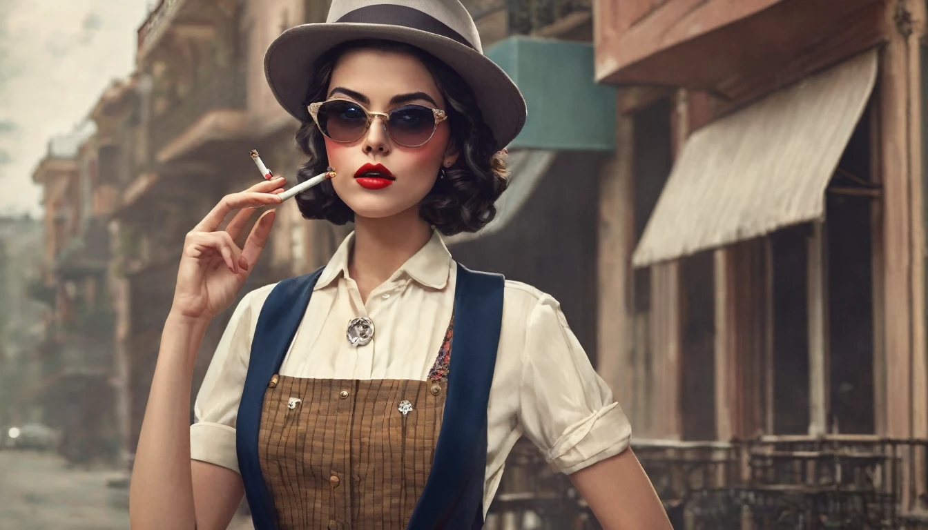 make vintage character, female with modern outfit, smoking
