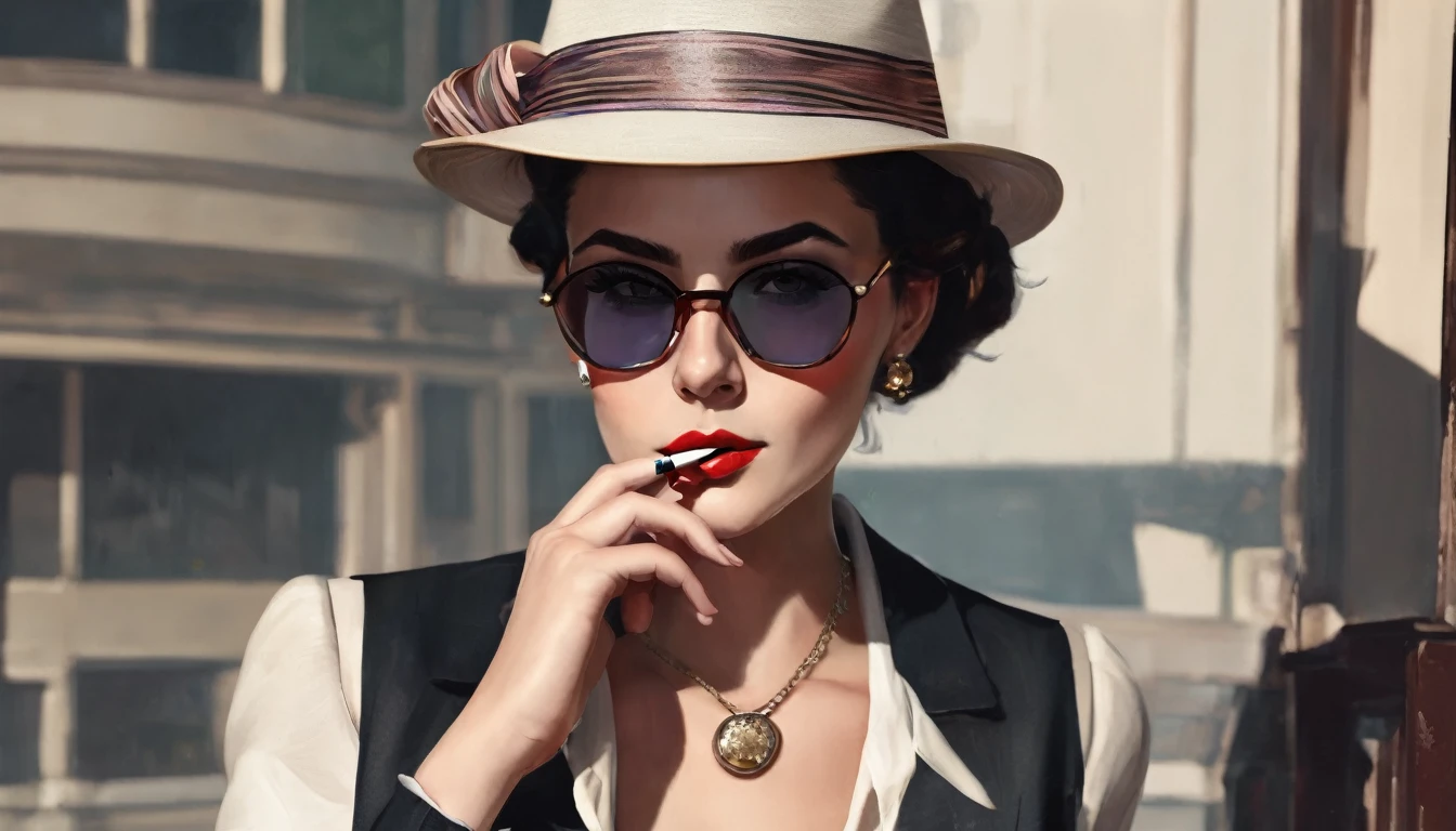 make vintage character, female with modern outfit,  smoking 