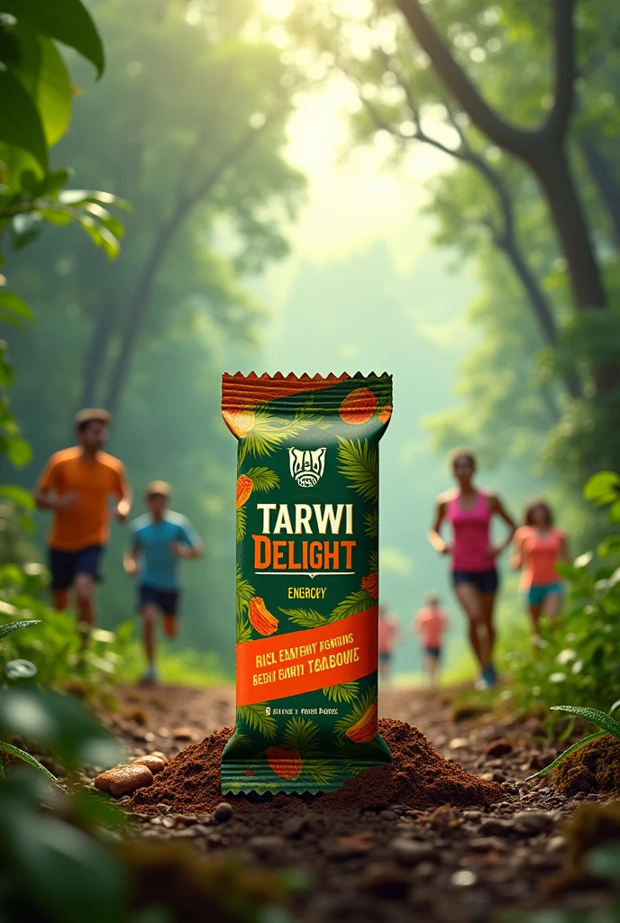 Generates an image of an energy bar called 'tarwi delight' made from cagao and tarwi with different package colors in the jungle and people in the back doing sports