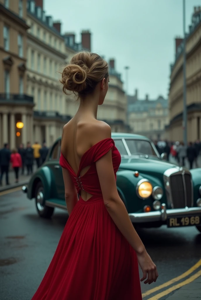 Cool-toned photo of a vintage car on the streets of London with a cloudy sky about to rain, the street almost empty and a woman in an elegant red dress with her hair up with some wavy strands sticking out and the dress with dropped shoulders and covered back with the knee-length dress passed by her side in the opposite direction 
 