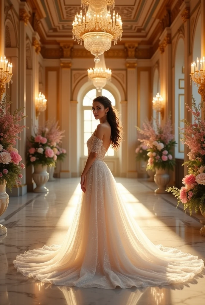 Make me a picture of the artist Tini Stoessel in a very striking and elegant setting